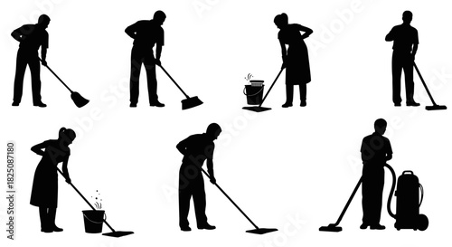 Cleaning crew working, sweeping and mopping floors for a spotless, healthy environment