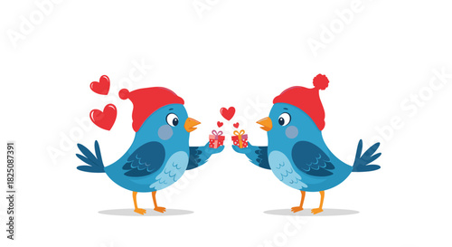 Festive birds exchanging gifts, spreading love and cheer for holiday season greetings