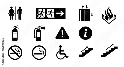 Essential safety signs and symbols for public spaces, emergency guidance, and accessibility