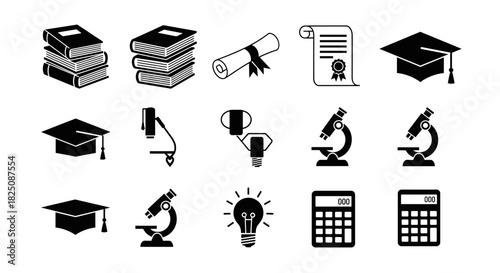 Education success icons depict learning, graduation and scientific discovery set