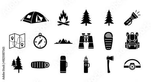 Essential camping gear icons for outdoor adventures, hiking, trekking, and survival trips