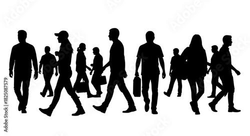 Dynamic crowd of people walking, urban lifestyle, city commuters, modern silhouette