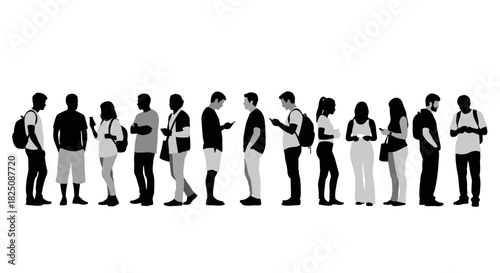Diverse crowd of people stand together using their smartphones, communicating digitally