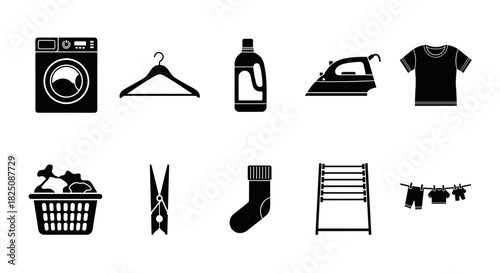 Laundry day icons set, washing machine, clothesline, iron and basket, laundry vector