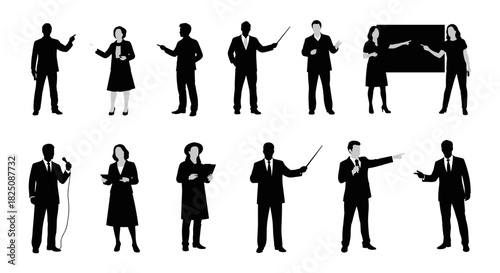 Diverse group of presenters and teachers in silhouette, perfect for educational designs