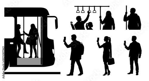 Urban commuters using public transport, silhouettes of passengers on bus or subway ride