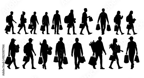 People shopping silhouettes, diverse shoppers with bags, retail therapy and consumerism