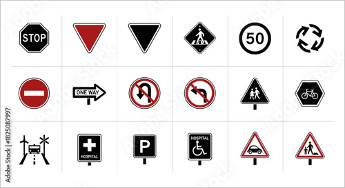 Essential traffic signs collection for driving safety and road navigation, originally vector