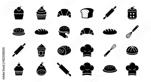 Bakery icons set for delicious treats and culinary arts projects perfect for branding, menu design