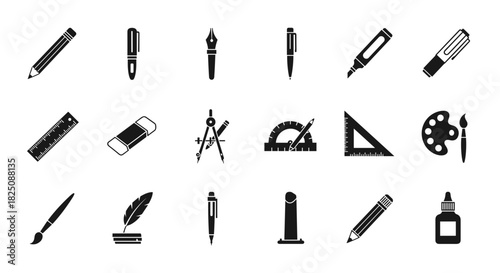 Essential art supplies and stationery icons for creative projects and graphic design work