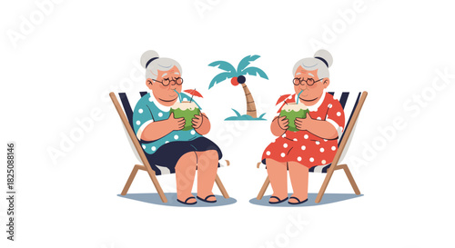 Senior women friends enjoying summer holiday beach vacation with coconut cocktails