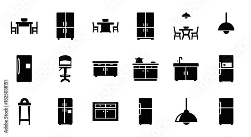Kitchen furniture icons set, modern interior design elements, scalable black silhouettes