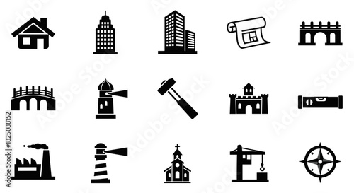 Construction icons set, architectural project blueprint and building design elements