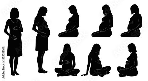 Diverse silhouettes show pregnancy stages, motherhood journey, family planning concept art