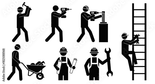 Construction workers team performing diverse tasks and jobs, professional and skilled