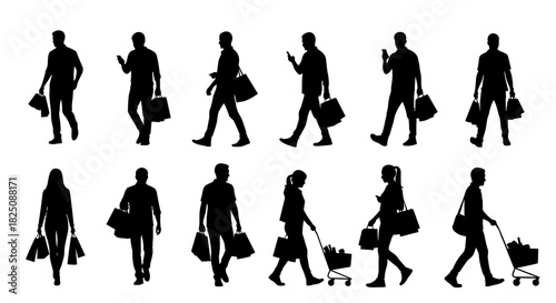 Dynamic silhouettes crowd enjoys shopping spree, bags in hand, retail therapy, originally vector