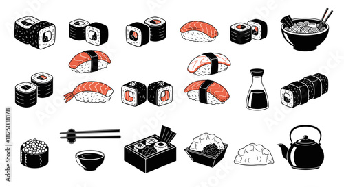 Delicious sushi collection with rolls, sashimi, miso soup, and soy sauce for Asian cuisine