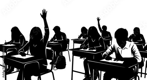 Engaged students raising hands in classroom, eager learning, vector illustration style