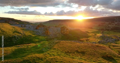 Aerial shot of sunset over Ribblesdale