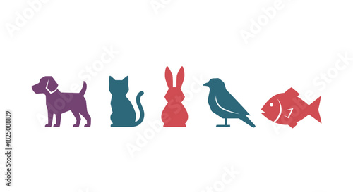 Colorful pets vector icons: dog, cat, rabbit, bird, fish, showcasing animal diversity