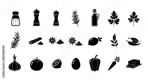Black vector icons of spices, herbs, vegetables, and seasoning ingredients in solid style
