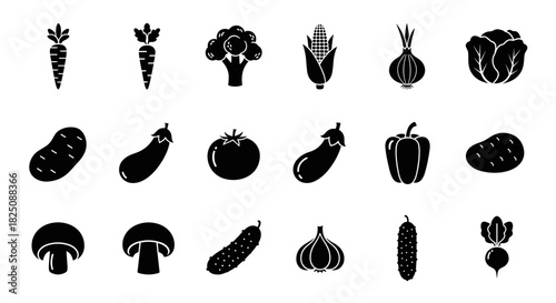 Essential fresh farm vegetables in bold black silhouettes for healthy cooking and diet