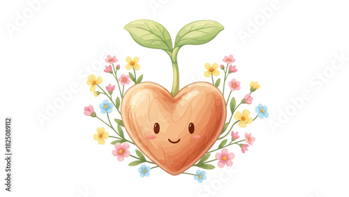 Adorable heart-shaped seed sprouting with leaves and adorned by a vibrant wreath of colorful flowers