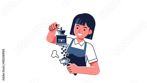 A smiling person in an apron, grinding coffee beans into a portafilter with steam