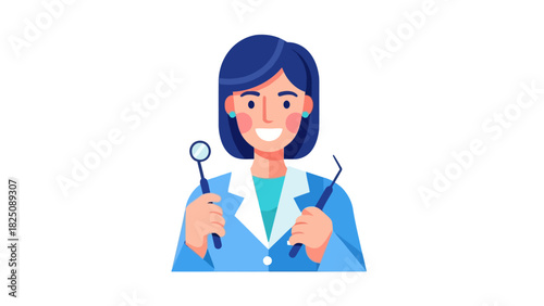A smiling female figure, rendered in a flat design style, holding dental instruments