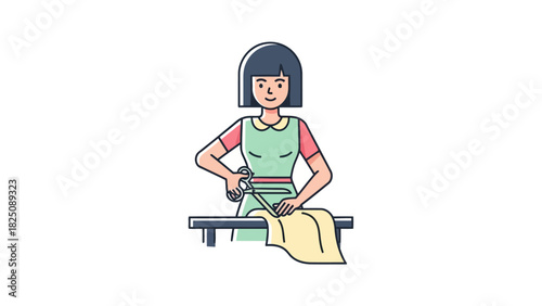 Illustration of a woman in an apron, cutting fabric with scissors on a table