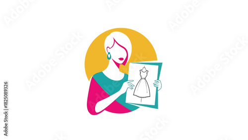 Fashion designer illustration, showing a woman with short hair holding a dress design