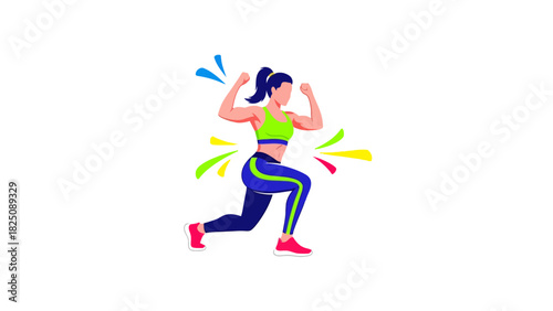 A colorful, minimalist illustration of a woman in workout attire doing a lunge with burst effects