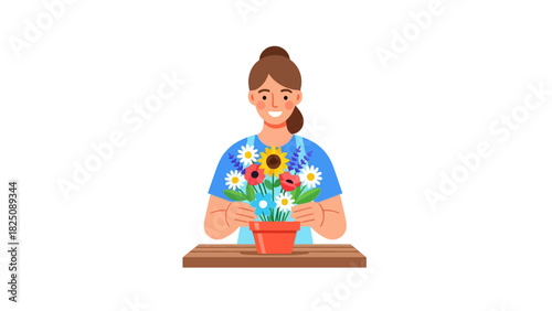 A smiling person with brown hair arranged in a bun, is arranging flowers in a terracotta pot