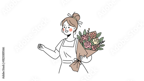 A smiling woman holding a bouquet of flowers in a wrapping of brown paper