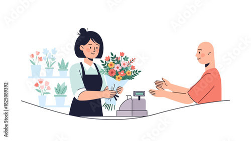 A flower shop scene with a florist holding a bouquet and a customer reaching out