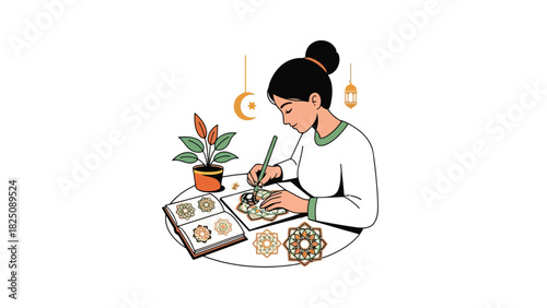 A woman creates detailed designs on paper. Decoration elements and plant enhance aesthetic appeal