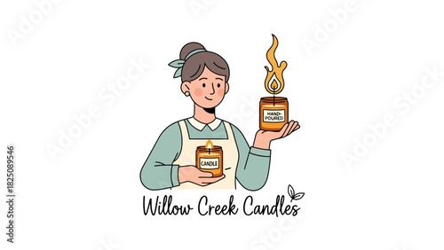 A cartoon illustration of a woman holding two lit candles, with a light green apron and a bun