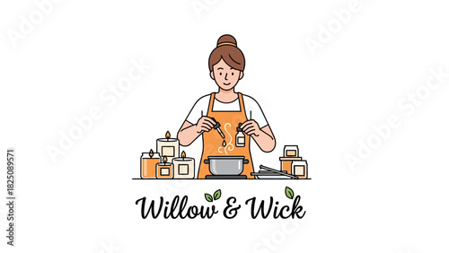 A woman in an apron adding oil to a pot, surrounded by lit candles