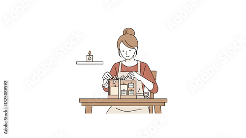 Illustration of a woman in an apron, sitting, tying ribbons on gift boxes, with a candle nearby