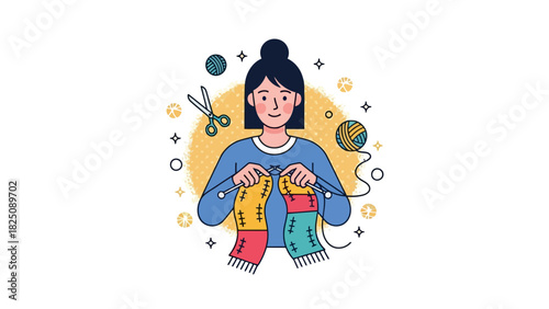 A cartoon illustration of a woman knitting a colorful scarf, surrounded by yarn and craft tools