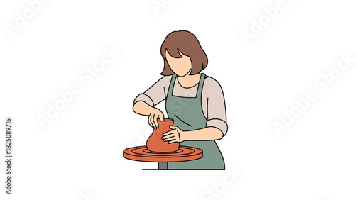 A person in an apron shaping clay on a pottery wheel, crafting a terracotta vase