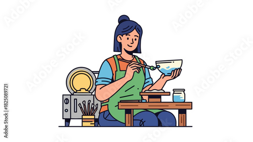 Illustration depicts a person painting a bowl with watercolor. Art studio equipment in the background