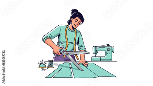 Illustration of a woman working with fabric and tools, cutting cloth with scissors