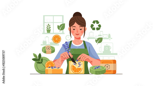 A woman crafting soap with orange slices and flowers in a kitchen, with natural and eco-friendly elements