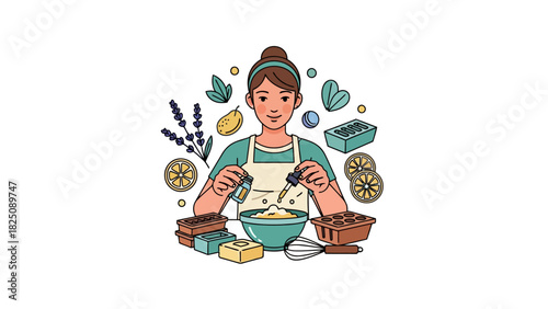 Illustration of a woman making soap, surrounded by ingredients, bowls, and soap molds