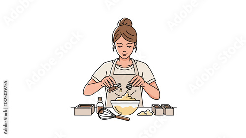 A woman in an apron is mixing ingredients in a bowl with tools and containers