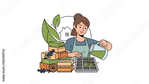Illustration of a woman pouring liquid into molds surrounded by organic elements