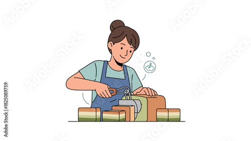 A smiling person in an apron uses a slicer on a loaf, with cut pieces in front
