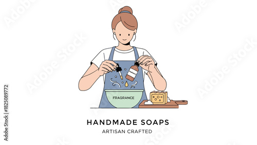 A woman making soap with essential oil using a dropper into a bowl with the word fragrance