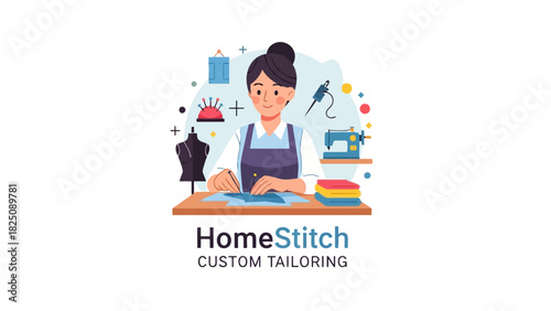 A cartoon shows a tailor, sewing machine, and tools to create custom clothing